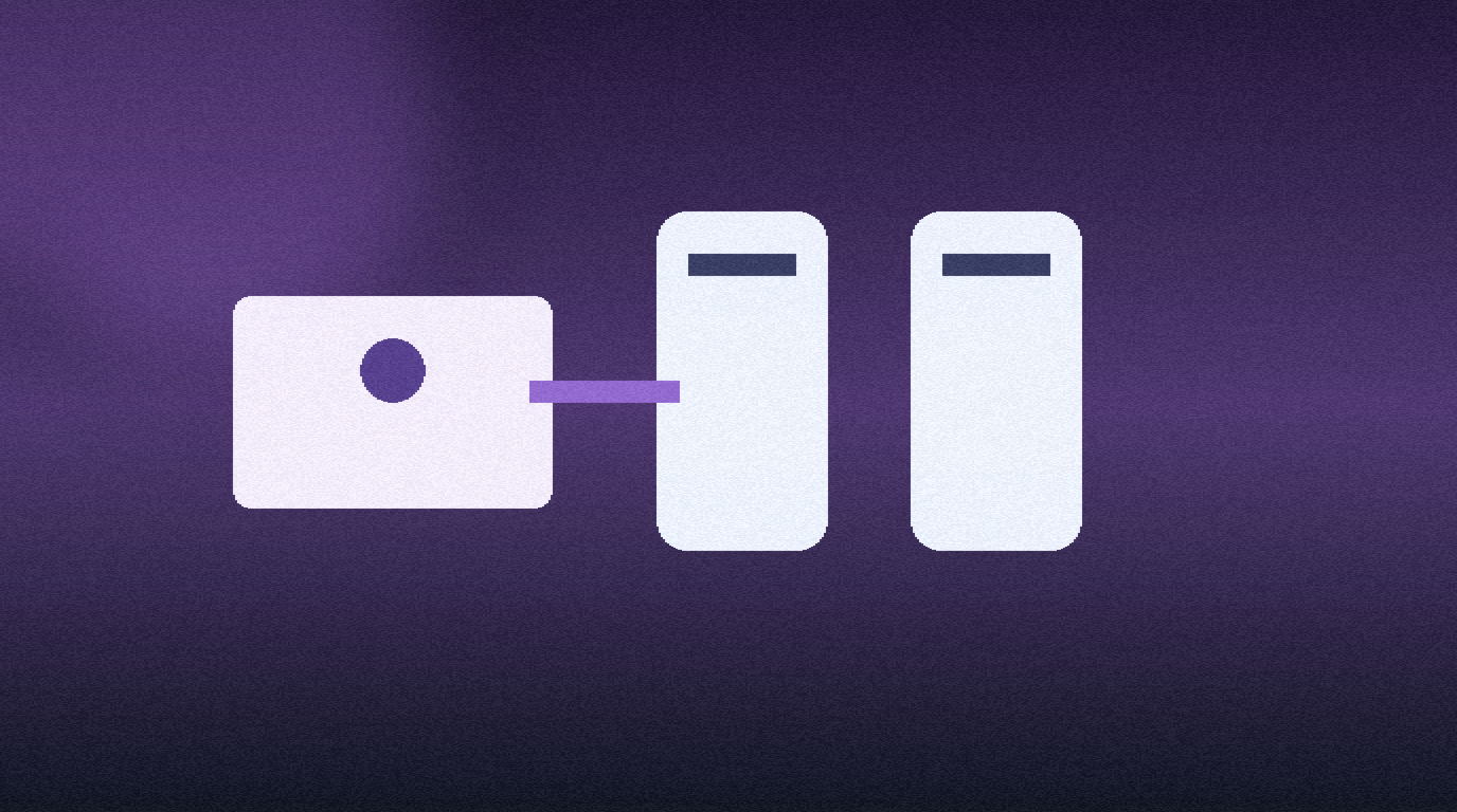Home gateway card linked to two abstract smartphone silhouettes, soft purple editorial lighting