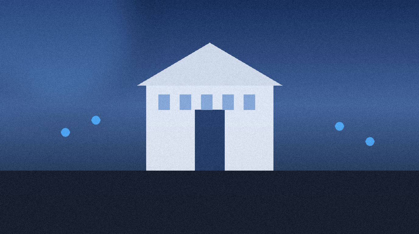 Abstract civic building with network node glows on a deep blue editorial field