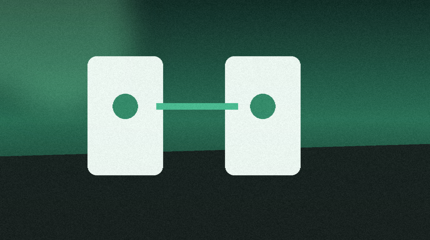 Two connected devices sharing a referral link on a green background