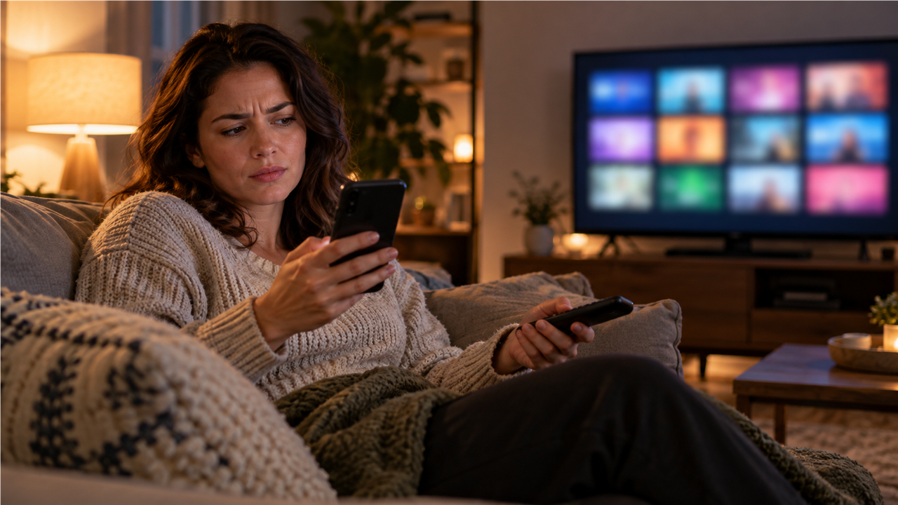 Person on a couch holding a TV remote and looking at a phone, with a streaming home screen glowing on the TV